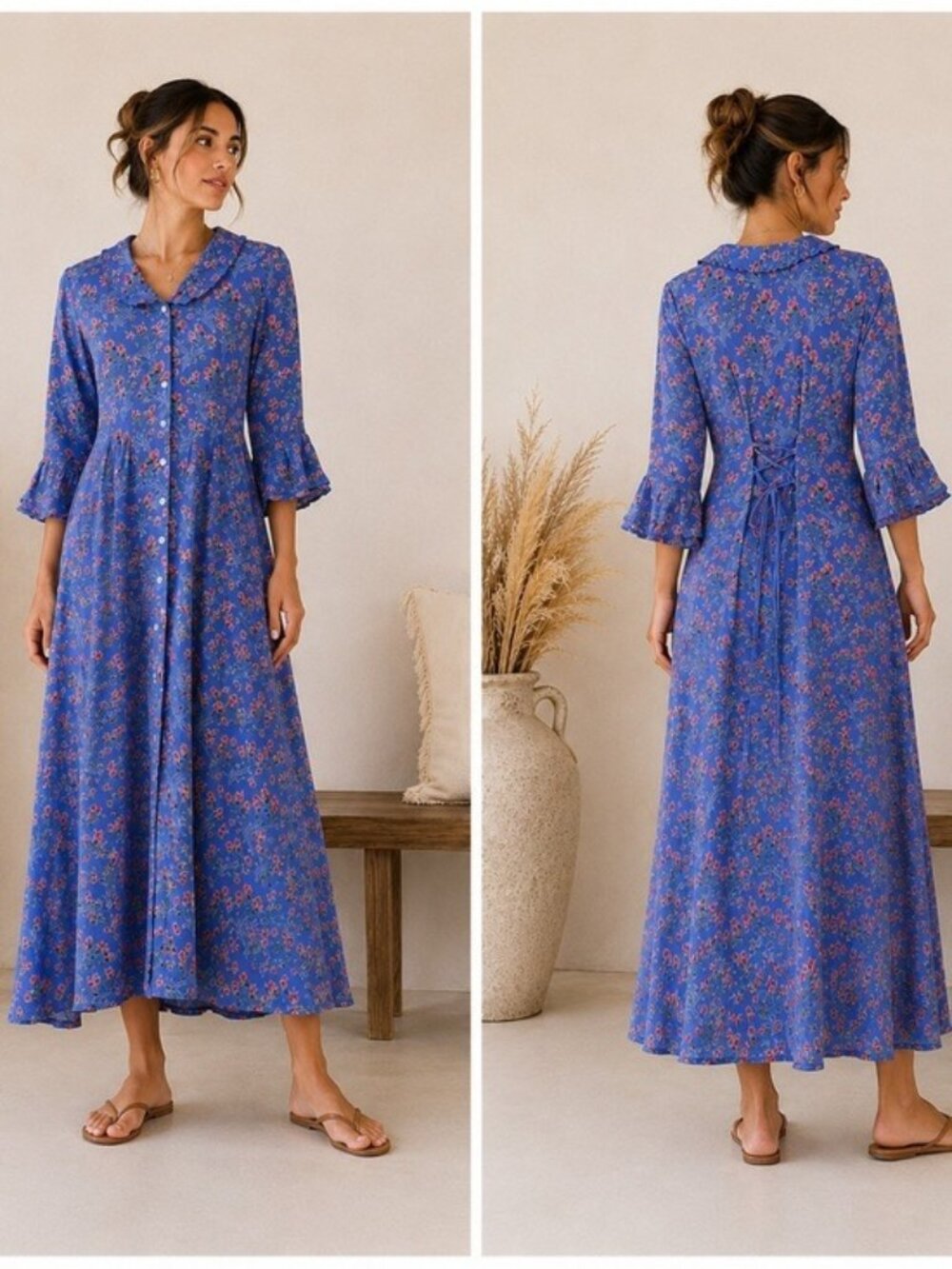 April Cornell Blue Floral Button Front Midi Dress Cottagecore Size L